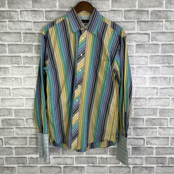 Ted Baker London Multicolored Vertical Striped French Flip Cuff Shirt Mens 15.5 - Picture 1 of 8